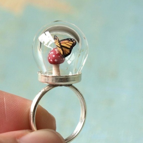 Tiny Woodland Terrarium Toadstool Mushroom and Monarch Butterfly Ring