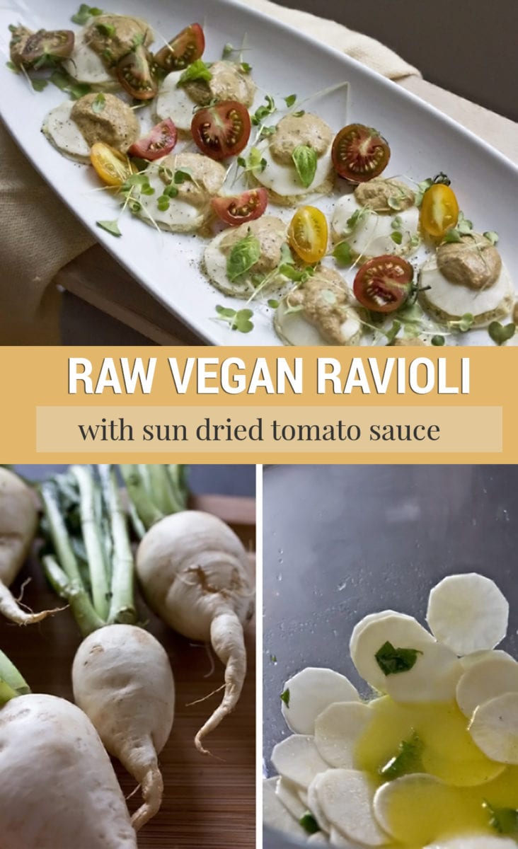 Raw Vegan Ravioli Recipe with Sun Dried Tomato Sauce on a White Plate