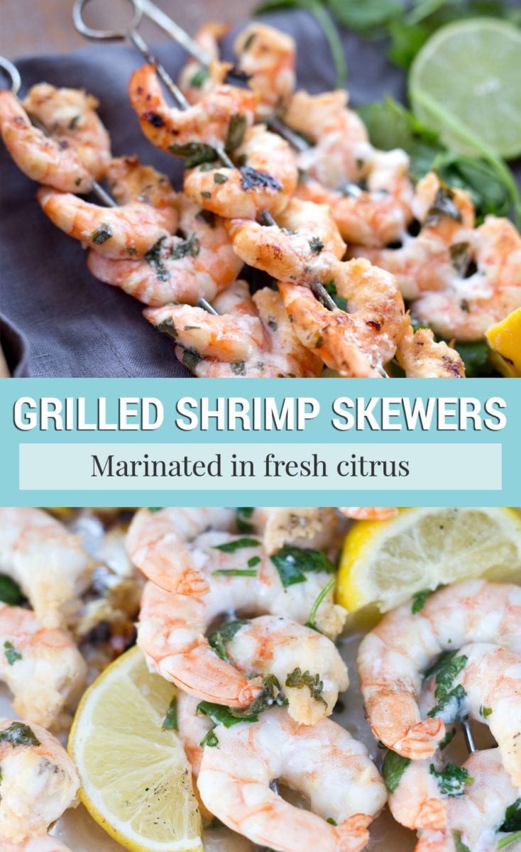 Marinated shrimp skewers for grilling pictured on kabobs before and after cooking