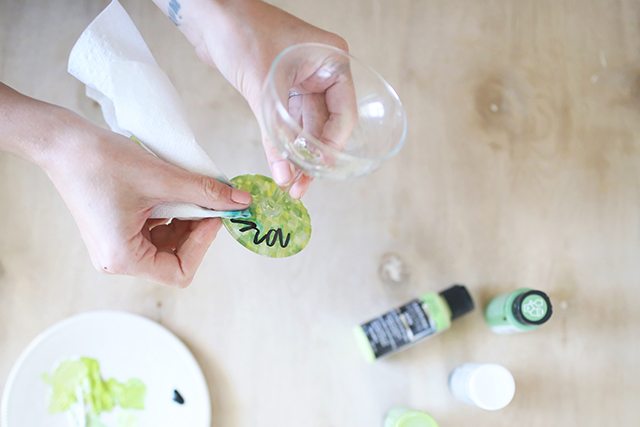 DIY Custom Wine Glasses - Step 6 - Clean Name off Top of Base With Alcohol