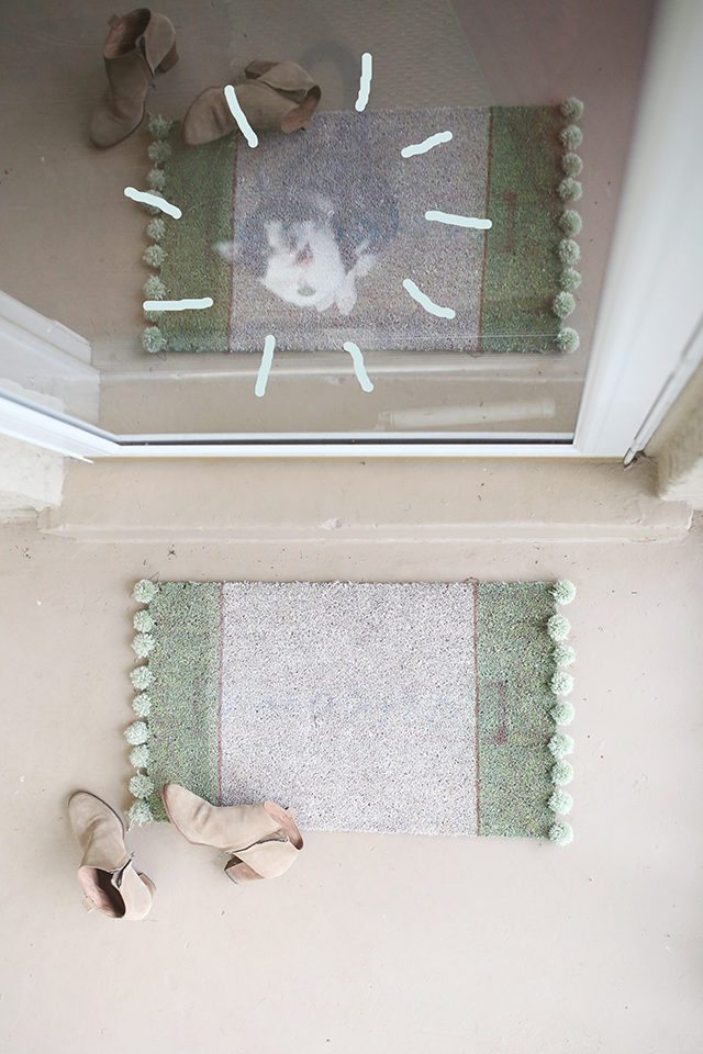 DIY Pom Pom Rug Doormat Tutorial - Cat Photobomb