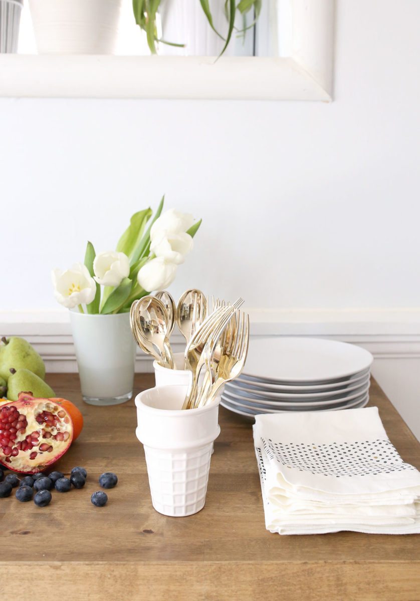 Baby Shower or Bridal Shower Brunch Setup with Gold Utensils and White Dishes