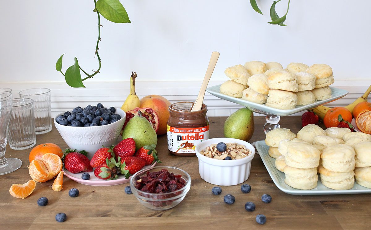 Buffet with breakfast fruit and biscuits