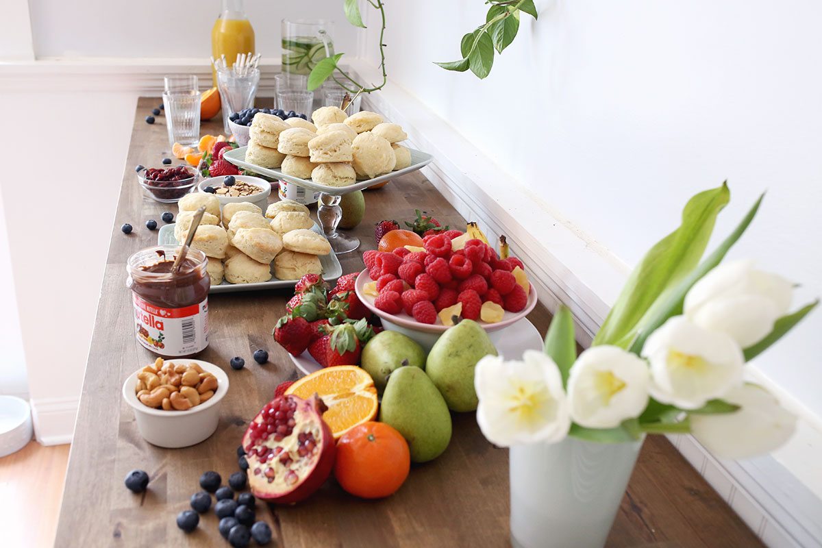 Buffet with breakfast fruit and biscuits