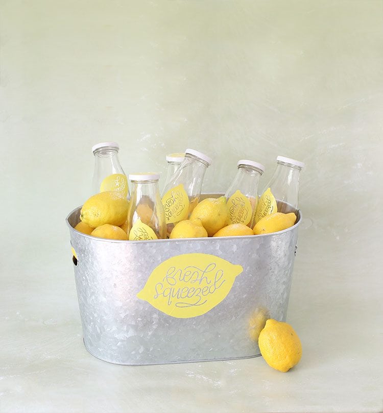 Galvanized Steel Tub of Drinking Bottles and Lemons on Green Background