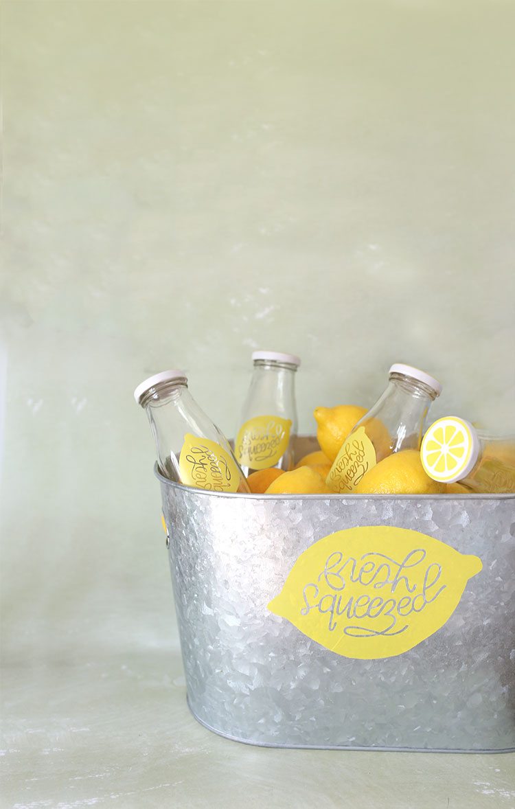 Galvanized Steel Tub of Drinking Bottles and Lemons on Green Background