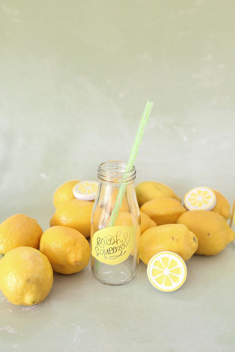 Vintage Style Glass Milk Bottles With Fresh Lemons and Lemonade Label and Reusable Straw 