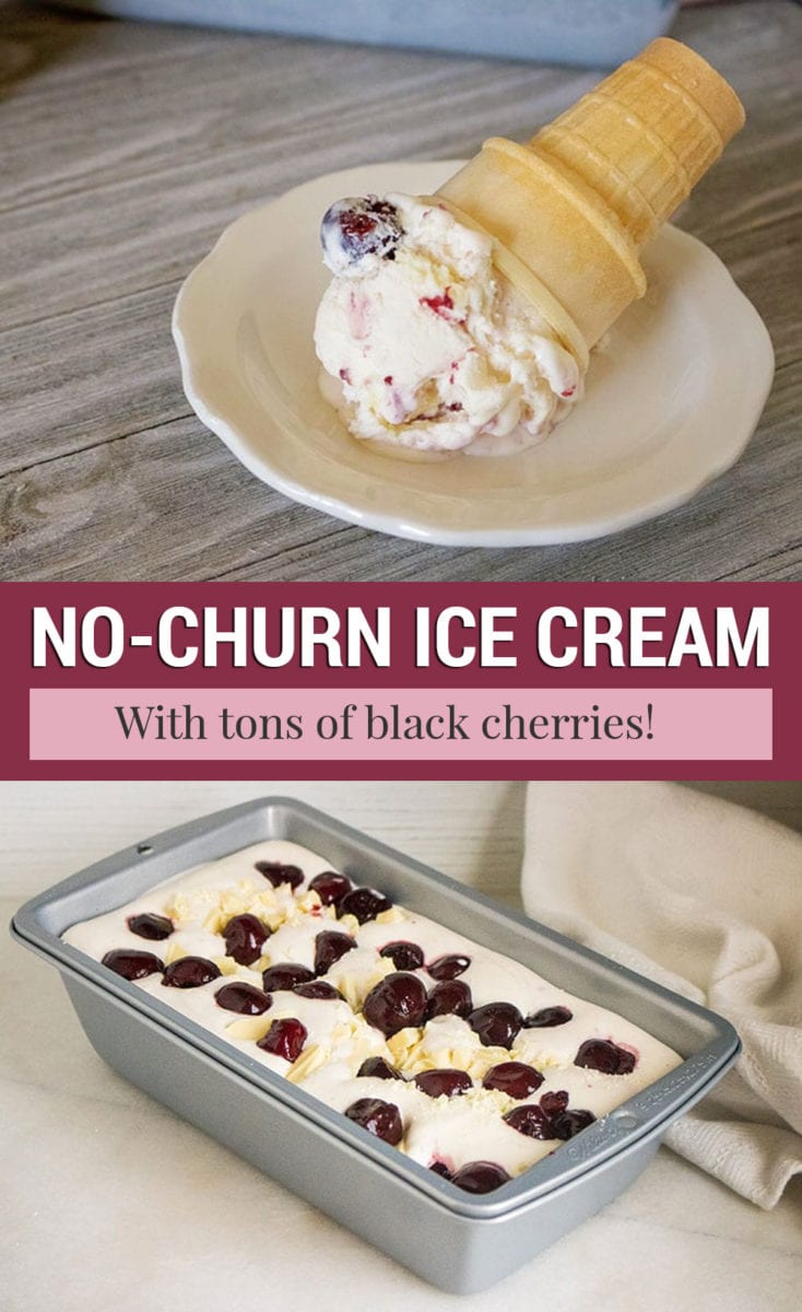 No Churn Black Cherry Ice Cream Recipe with White Chocolate in a cone and in a loaf pan