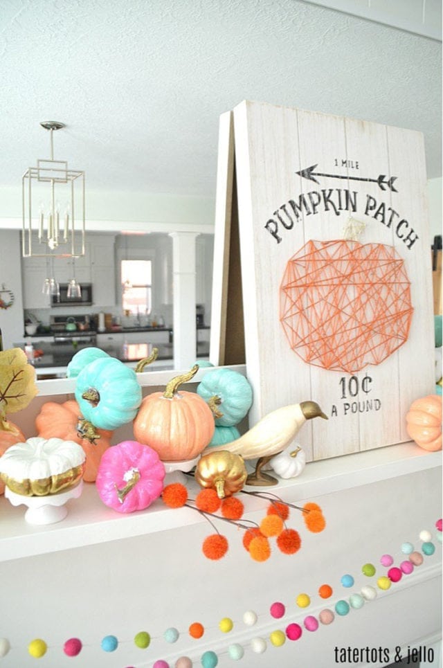 Colorful Fall Mantel With Painted Foam Pumpkins