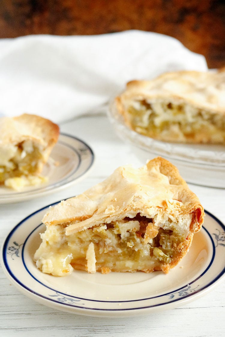 Photo of two plates and a pie dish with Double Crust Rhubarb Custard Pie Recipe