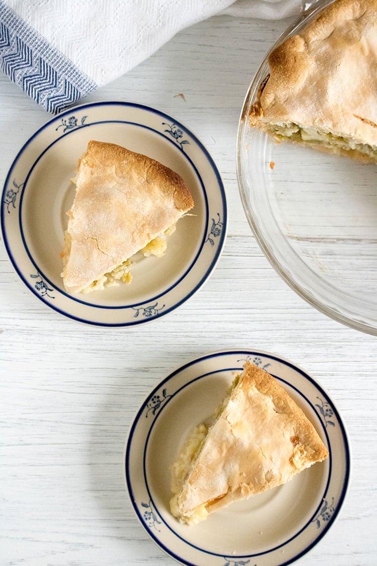 Photo of two plates and a pie dish with Double Crust Rhubarb Custard Pie Recipe