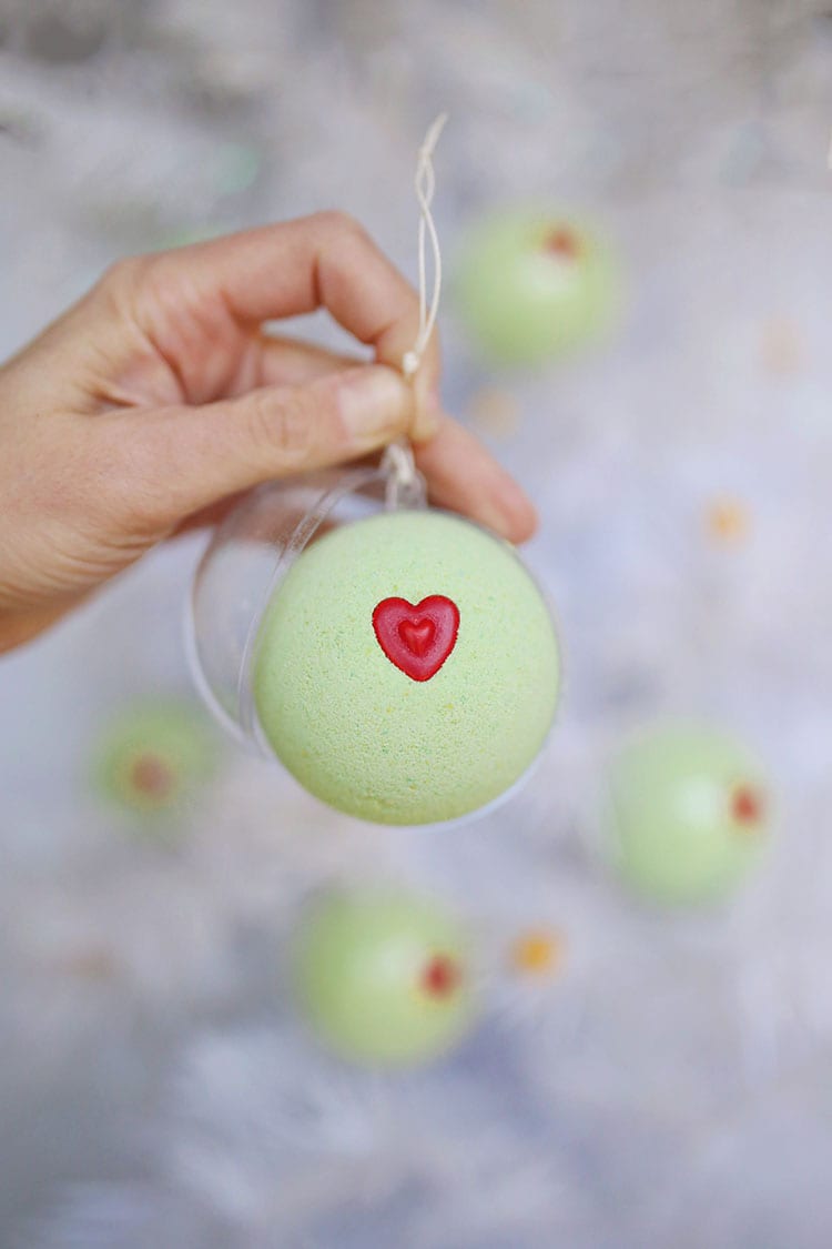 DIY Grinch Christmas Ornament Bath Bombs