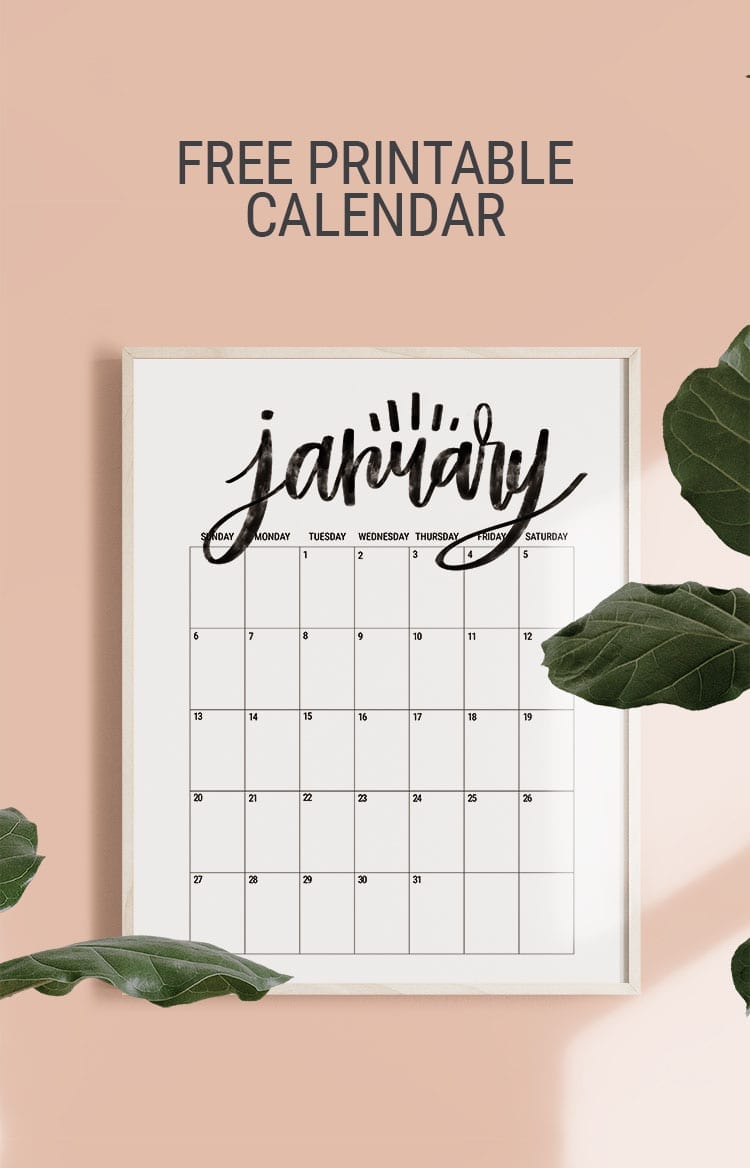 Hand Lettered Free Printable 2019 Monthly Calendar Poster Size for the Wall