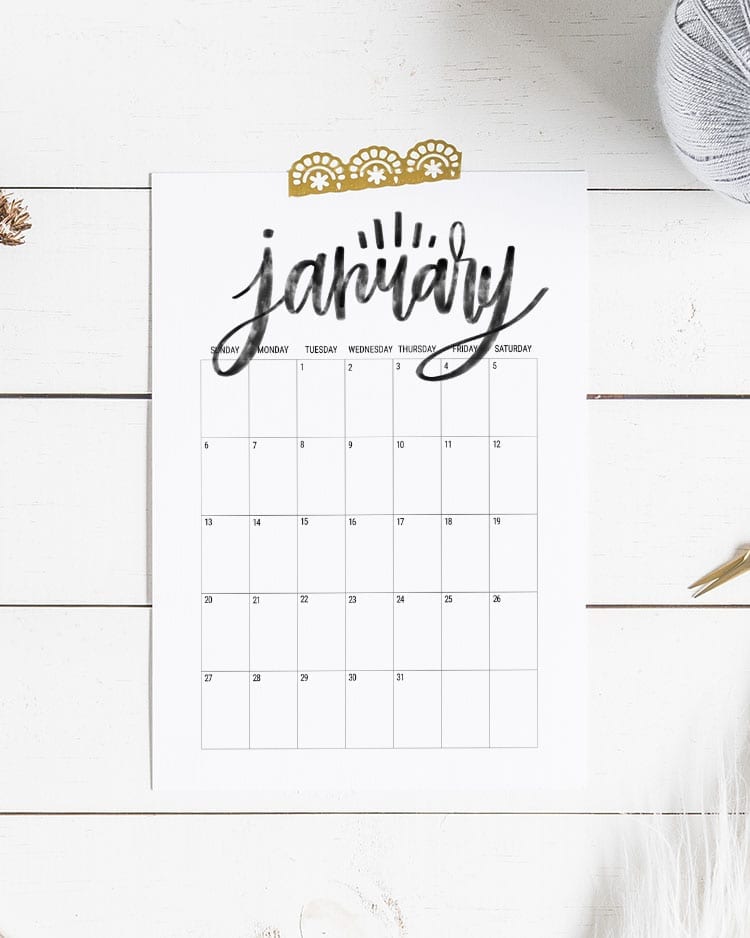 Hand Lettered Free Printable Calendar 2019 A4