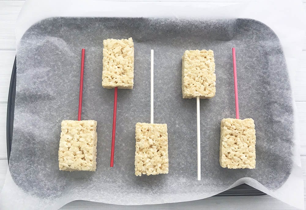 Assembling Chocolate Dipped Valentine Rice Krispie Treats