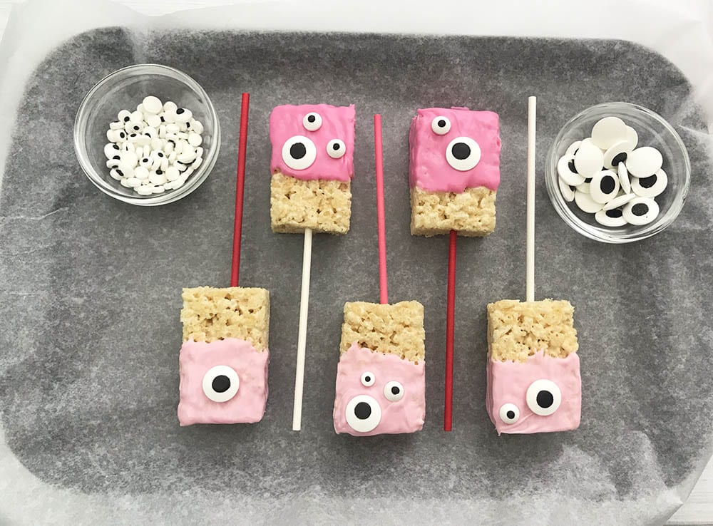 Assembling Cute Monster Valentine Rice Krispie Treats Recipe