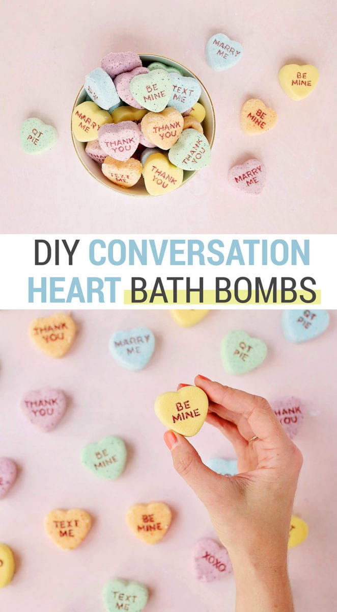 Yellow, orange, blue, and green conversation heart Valentine's Day bath bombs on a pink background