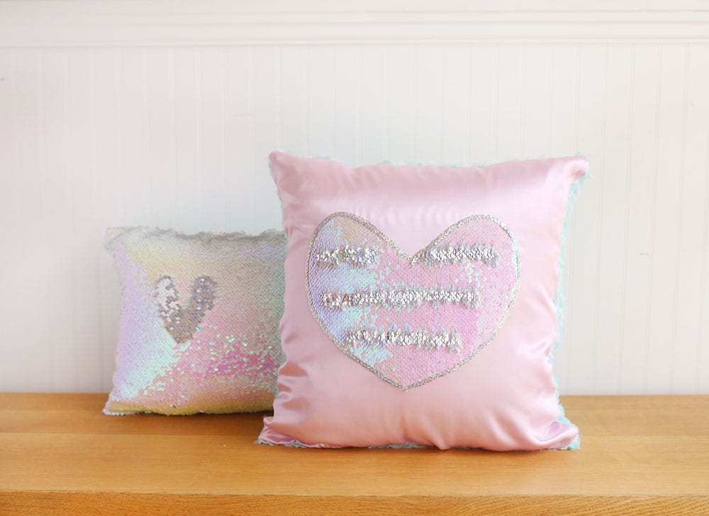 Pink heart magic sequin pillow and iridescent mermaid sequin pillow