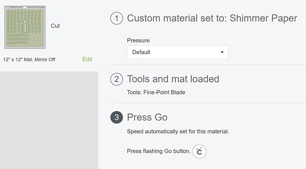 Screen Shot of Cricut Custom Material Settings - Shrimmer Paper - in Cricut Design Space