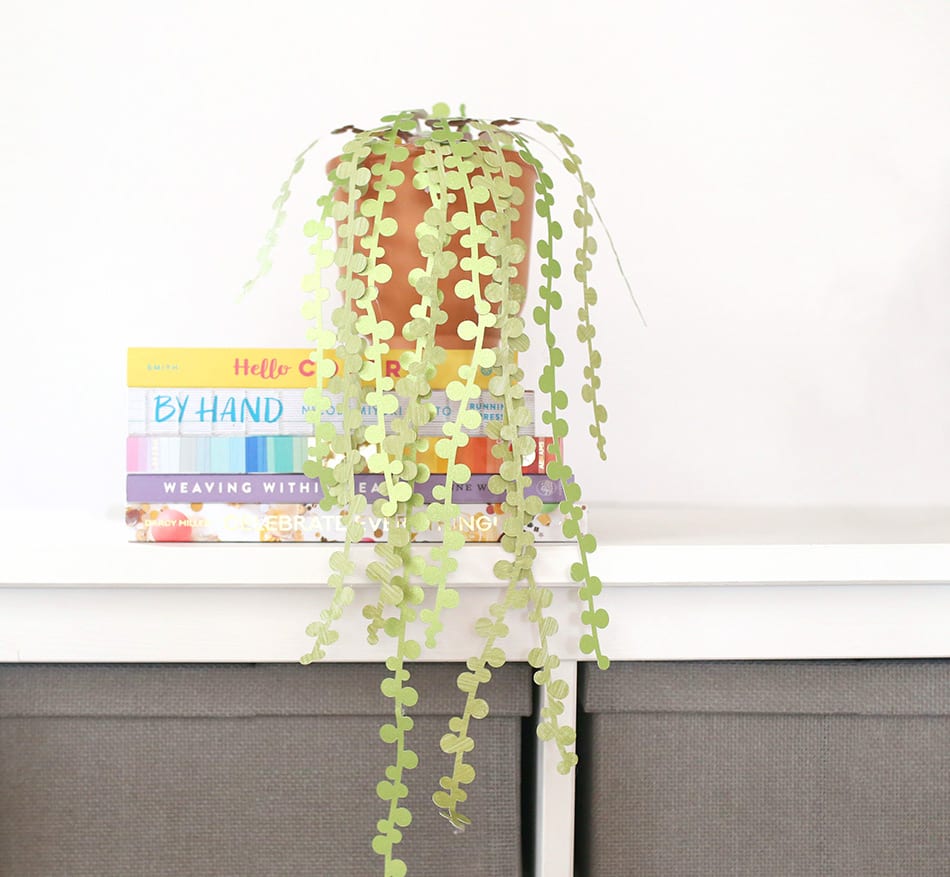 String of pearls DIY paper succulents in a terra cotta pot against a white wall