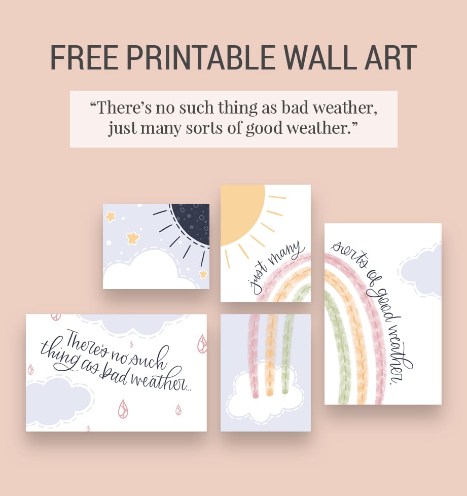 Pink background with preview of rainbow and clouds free printable wall art