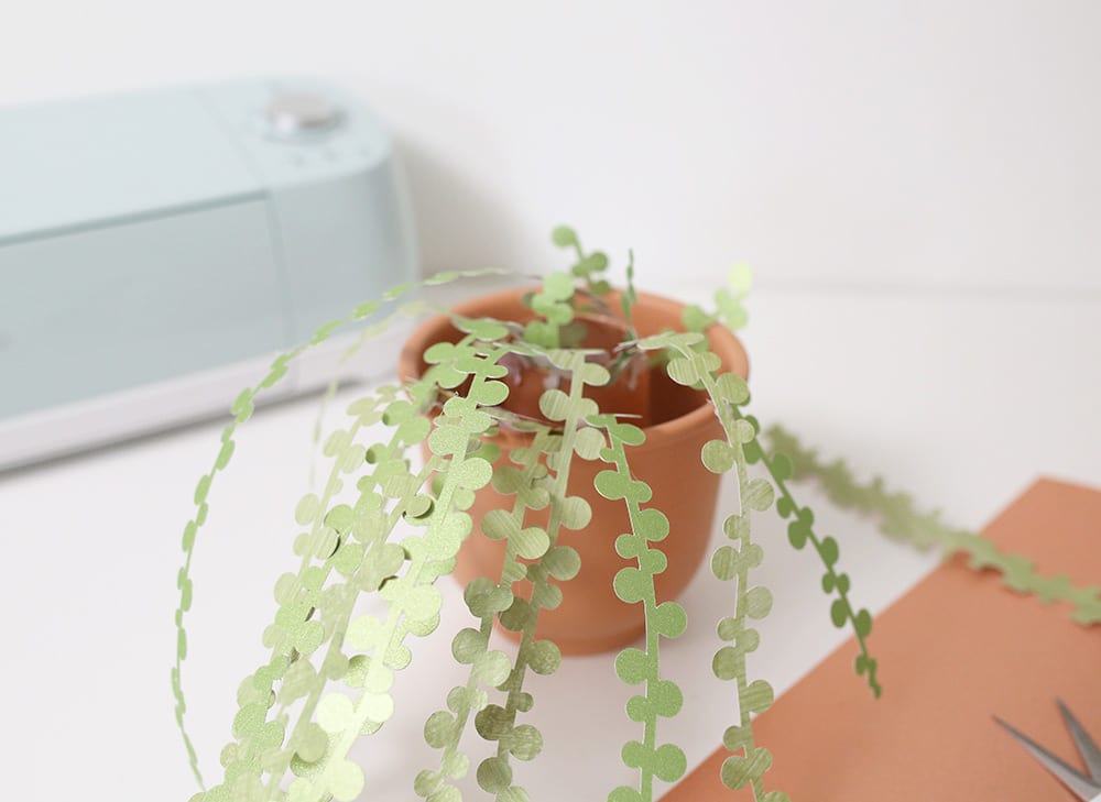 String of pearls DIY paper succulents in a terra cotta pot against a white wall