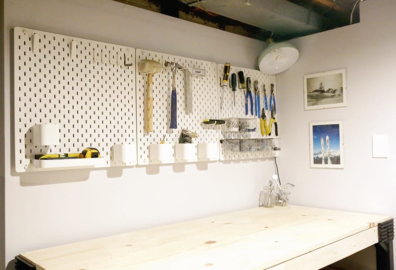 Basement home workshop ideas, like this pine custom diy workbench with a 2 x 4 basics workbench kit