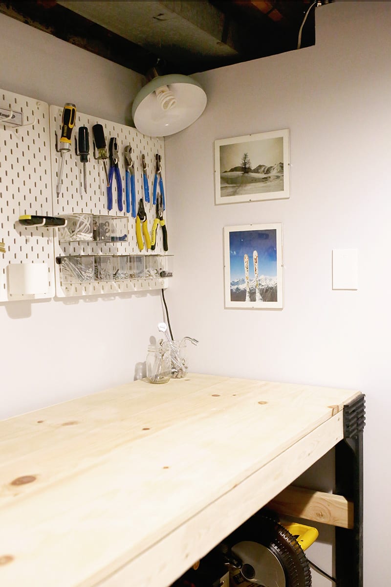 Basement home workshop ideas, like this pine custom diy workbench with a 2 x 4 basics workbench kit