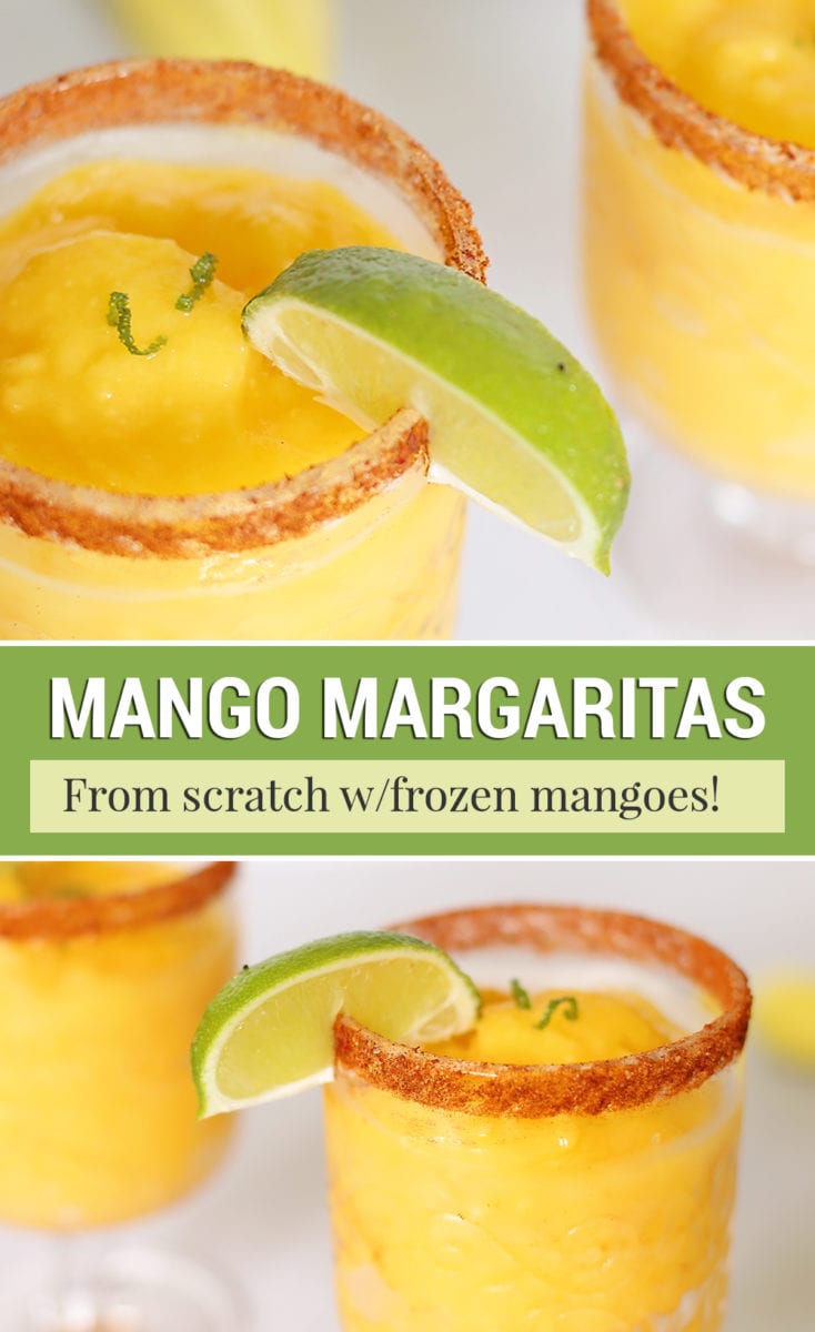 Chili Lime Frozen Mango Margarita Recipe from Scratch with Fresh limes on Clear Stem Glasses