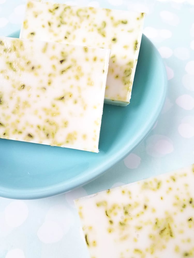 DIY lime coconut soap recipe bars sitting on a teal dish