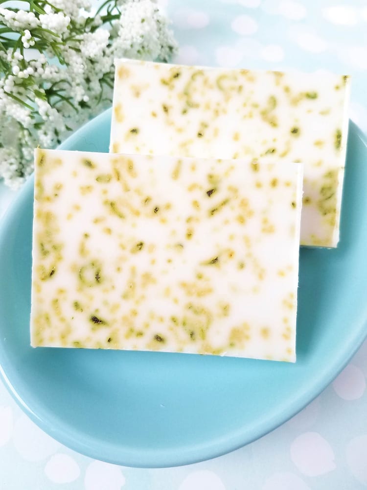Melt and Pour Lime Coconut Soap Recipe in a Teal Dish