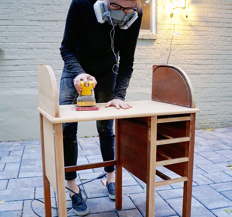 Sanding a Vintage Roll Top Desk for a Before and After