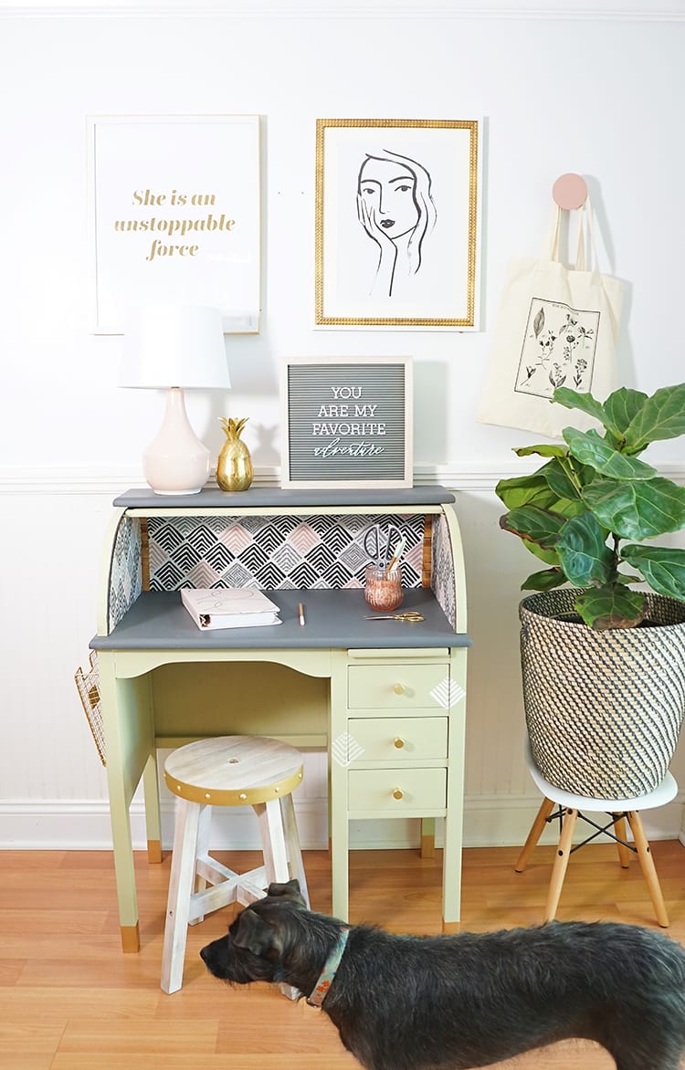 Vintage Roll Top Desk Makeover With the BEHR 2020 Color of the Year and a Dog Photo Bomb