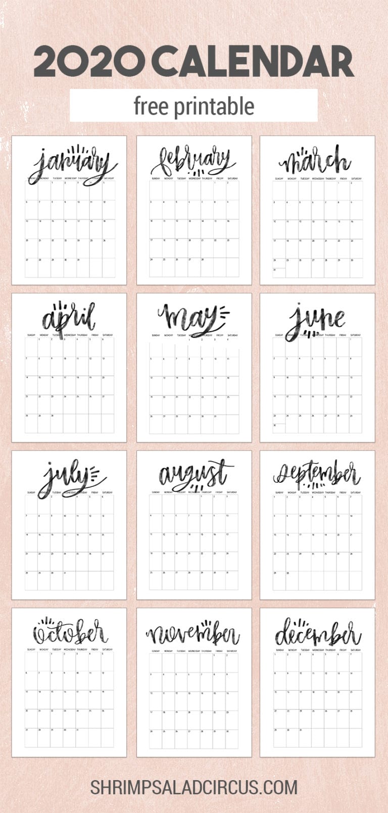 Free 2020 Printable Calendar Monthly Pages on a Pink Background