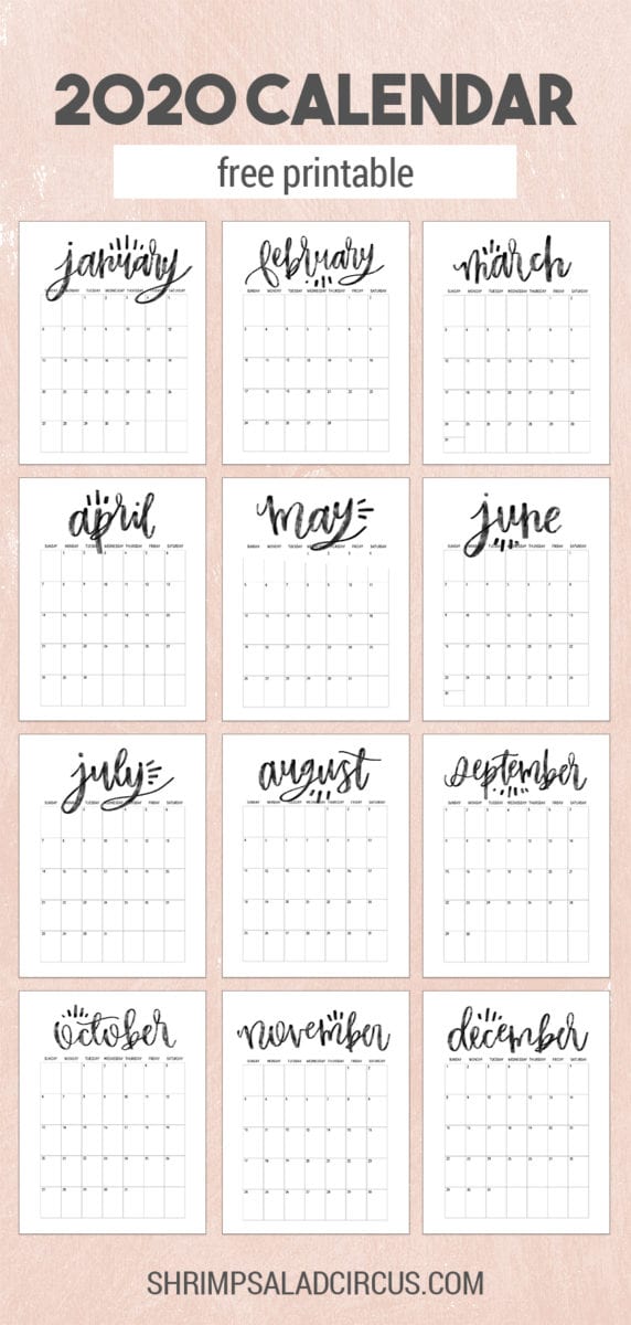 Free 2020 Printable Calendar Monthly Pages on a Pink Background