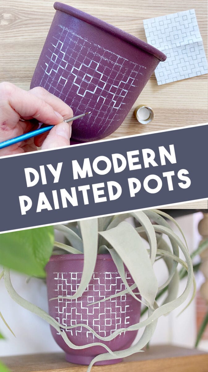 Looking for modern DIY painted terra cotta pots ideas? This boho painted pot idea with acrylic paint uses fun, simple geometric design inspired by sashiko embroidery patterns.