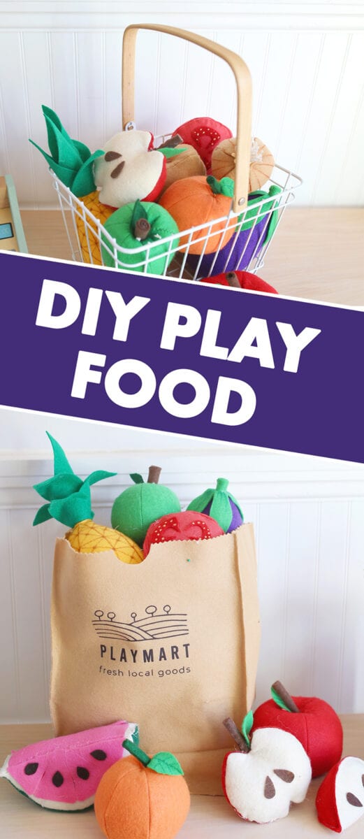 Are you looking for easy DIY felt food patterns, ideas, and templates for kids? This play food tutorial shows you how to make adorable fruits and vegetables for a play grocery store or kitchen!