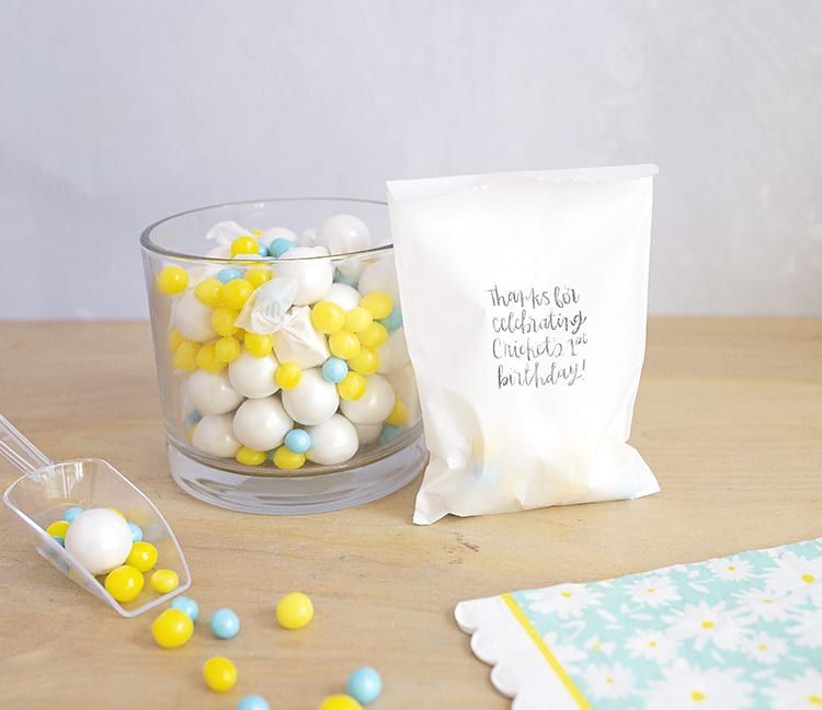 Make adorable custom DIY goodie bags for kids' birthday party favors. They're eco-friendly paper vellum bags, and they're cheap since you're making something simple and super elaborate. These are perfect first birthday party ideas for a candy buffet!