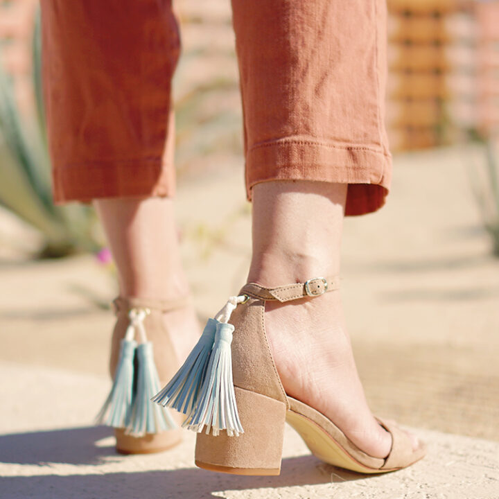 DIY Faux Leather Tassel Shoes shown on a woman with nude sandals