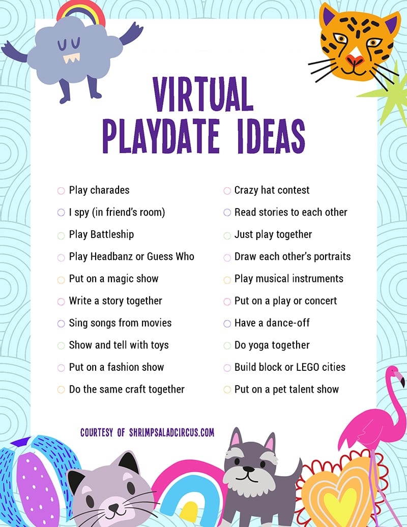 Get this free printable list of virtual indoor playdate ideas for kids. Keep your kids feeling busy and connected with FaceTime, Skype, or WhatsApp play date activites. These ideas are toddler-friendly but are also perfect for elementary school children and tweens and will work for girls and for boys!