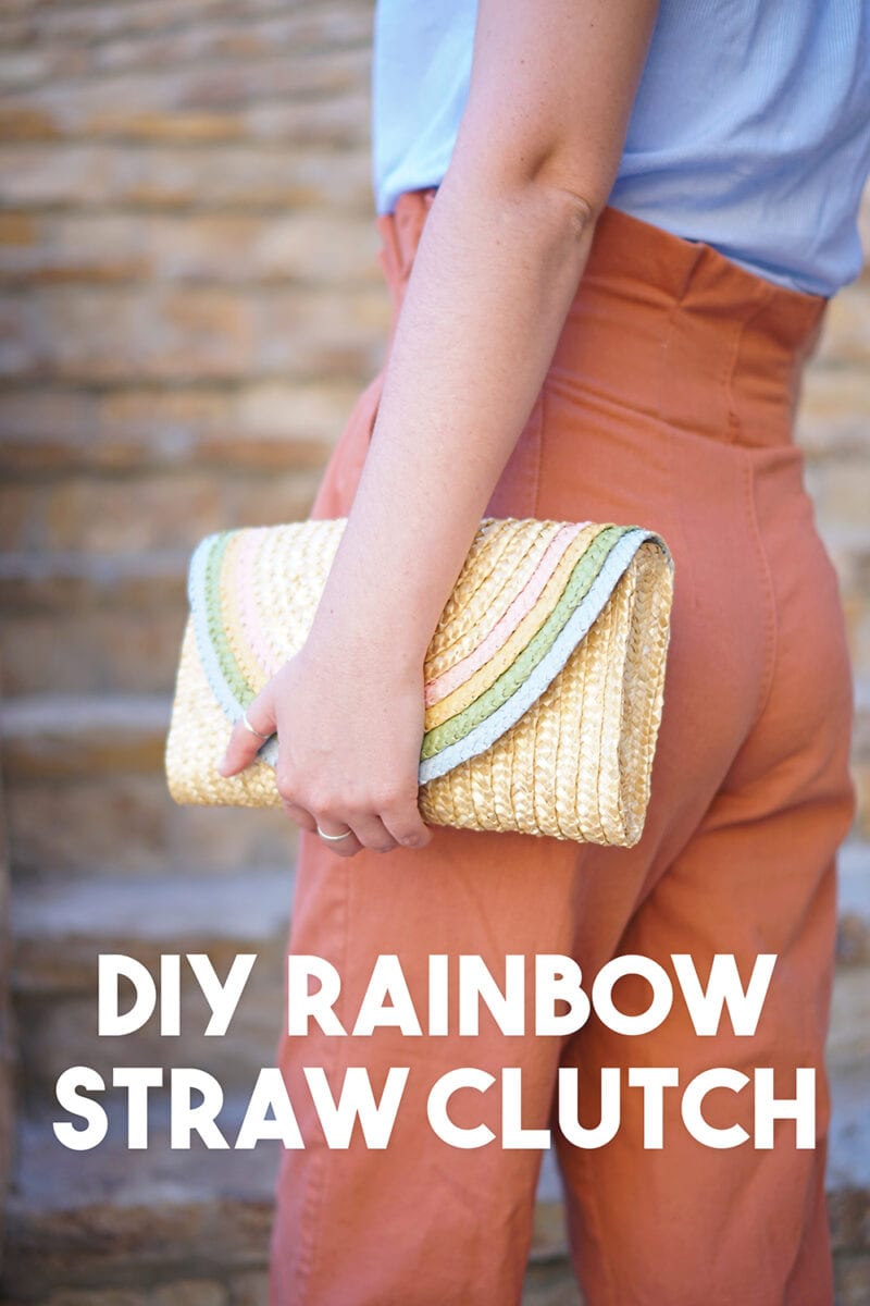 DIY a half-round straw purse for summer with this adorable rainbow clutch tutorial using regular old acrylic paint! It's ridiculously easy and can be made in a classic bright rainbow or this pretty pastel color palette for spring and summer!