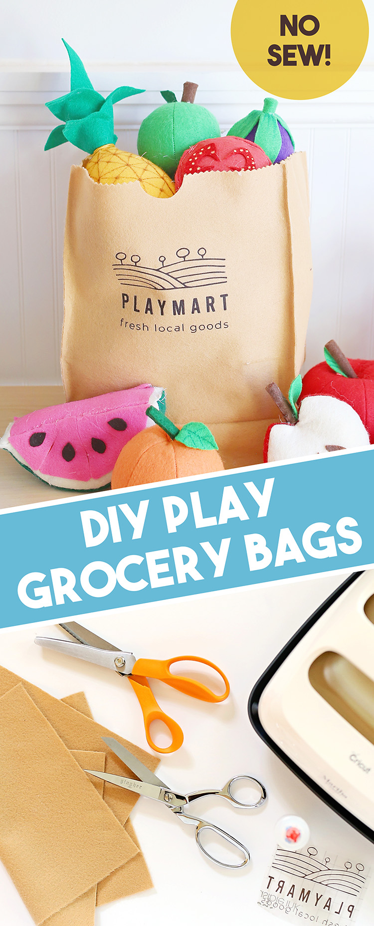 Felt fruit and vegetables and a DIY play grocery bag that looks like a brown paper bag